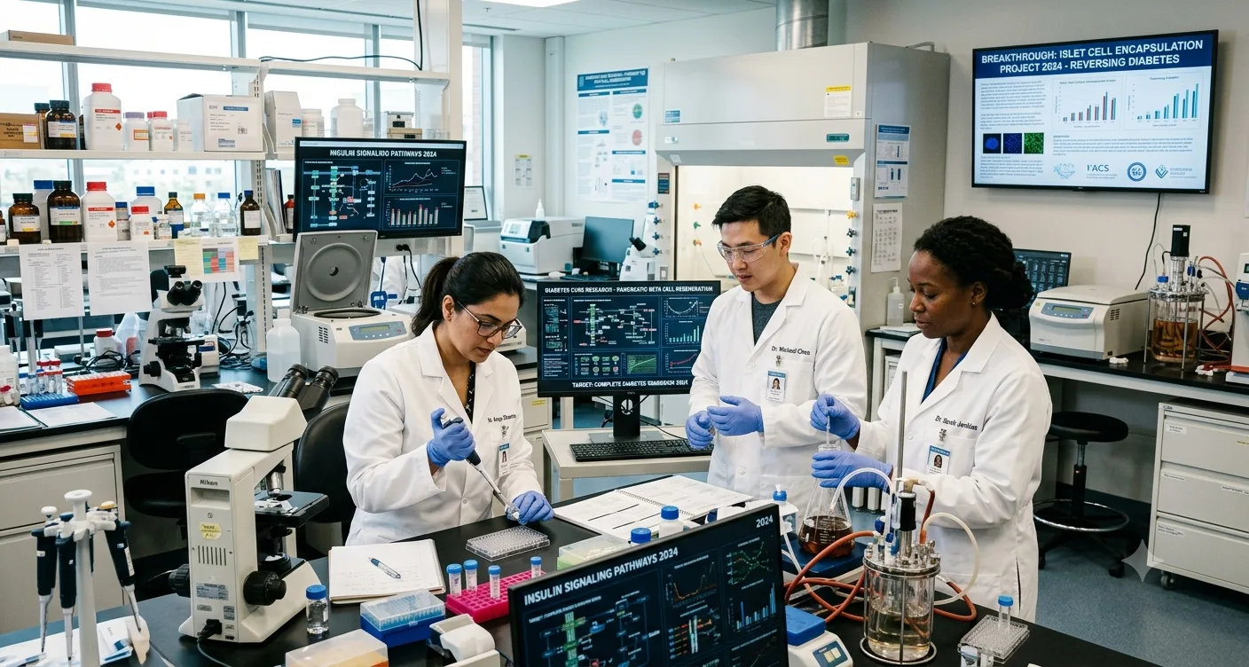 A team of three researchers in white lab coats working at lab benches, with monitors behind them showing insulin signaling pathways and diabetes cure research